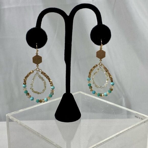 Turquoise & Semi Precious Stone Womens Fashion Gold Earrings Size 2 3/4in - Picture 4 of 8